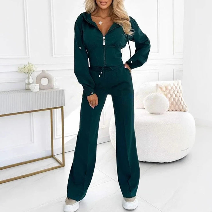 Women Set Fashion Zipper Hooded Sweatshirts Coat & Lace-up Pants Tracksuit New Winter Suit Outfit