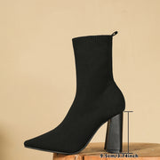Women's Pointed Toe Ankle Boots Autumn Winter Fashion Thick Heel High Heels Versatile Elastic Slip-On Chunky Rubber Sole Booties