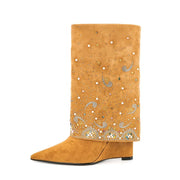 Women's Solid Suede Long Boots Low Heel Pointed Toe Fashion Knee High Booties Slip-On Shoes Straight Upper for Casual Outfits