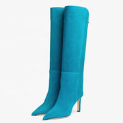 Women's Solid Suede Long Boots Low Heel Pointed Toe Fashion Knee High Booties Slip-On Shoes Straight Upper for Casual Outfits