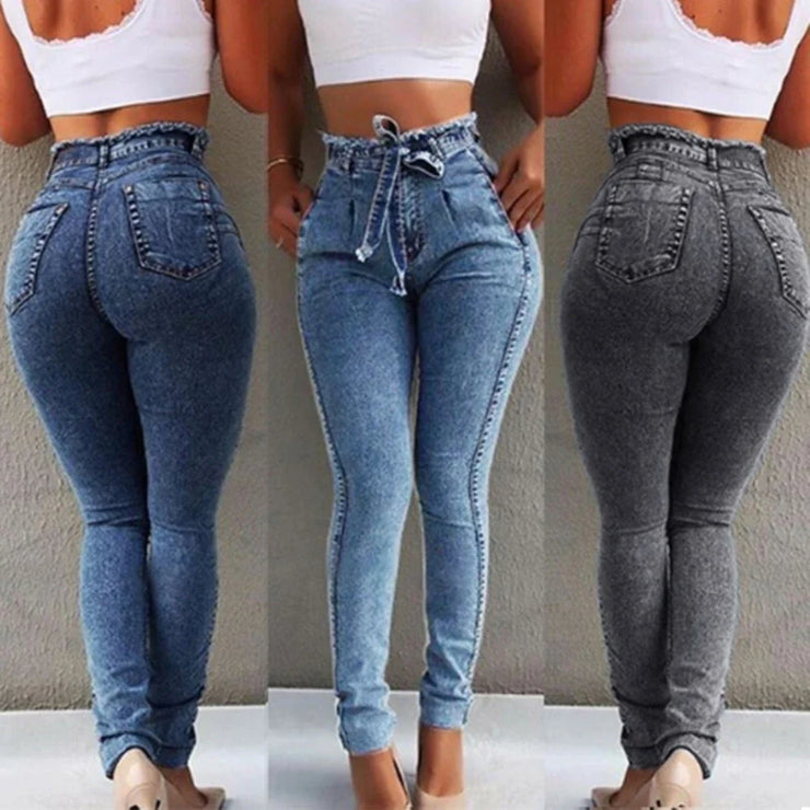 High Waist Skinny Jeans for Women in Various Colors with Belt, Casual Fashion Full Length.