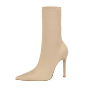 Women's Slim Pointed Stiletto Booties High Heeled Lycra Stretch Pedicure Boots Green Black Apricot Super High Heel