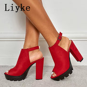 Women Chunky Platform Flock Thick High Heels Open Toe Ankle Buckle Strap Shoes Casual