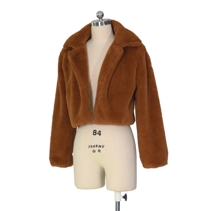 Women Faux Fur Coats Long Sleeve Furry Cropped Jacket Open Stitch