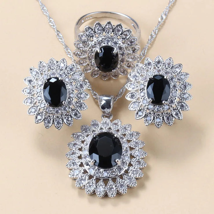 Women Zircon Sunflower 925 Silver Clip Earrings Necklace Bracelet And Ring Sets