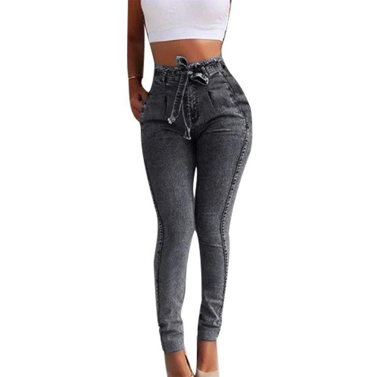 High waist skinny jeans for women with a belted stretch design in full length, casual fashion denim.