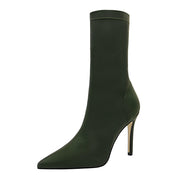 Women's Slim Pointed Stiletto Booties High Heeled Lycra Stretch Pedicure Boots Green Black Apricot Super High Heel