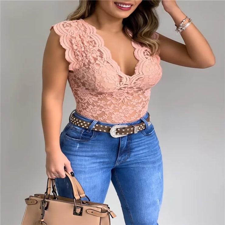 Lace sleeveless blouse with V-neck and hollow out design, perfect for summer fashion.
