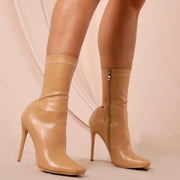 Women's round Toe High Heel Boots Skintight 43 Big Size Mid-Calf Half Knee Zipper Side Thin Autumn  Booty