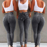 High waist skinny jeans for women with belted stretch denim, full length casual fashion.
