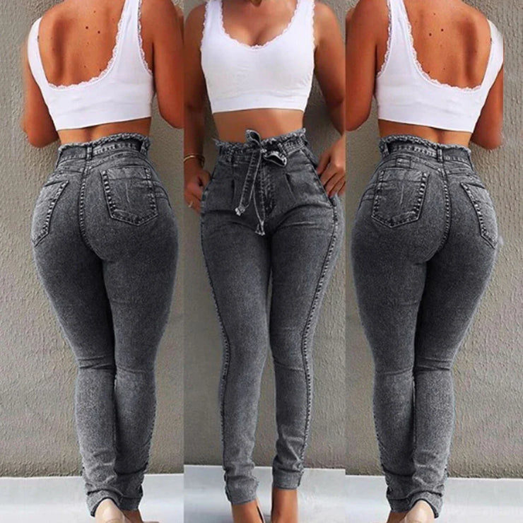 High waist skinny jeans for women with belted stretch denim, full length casual fashion.
