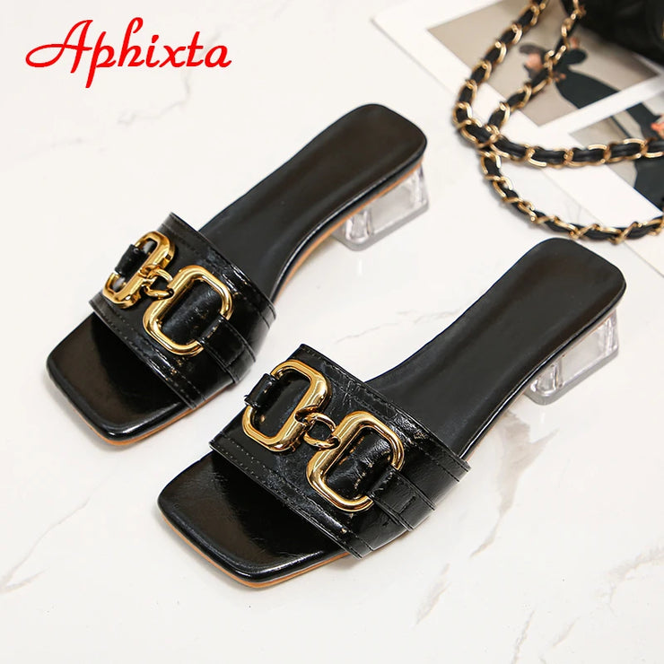 Transparent Square Heels Women Peep Toe Mules - Summer Slip-on Silver/Vibrantly Heel Sandals- Bronze with Peep- Toe Metal-Make a Grand Scene & Stand Our Class Apart Footwear: Size Range 35-45 .