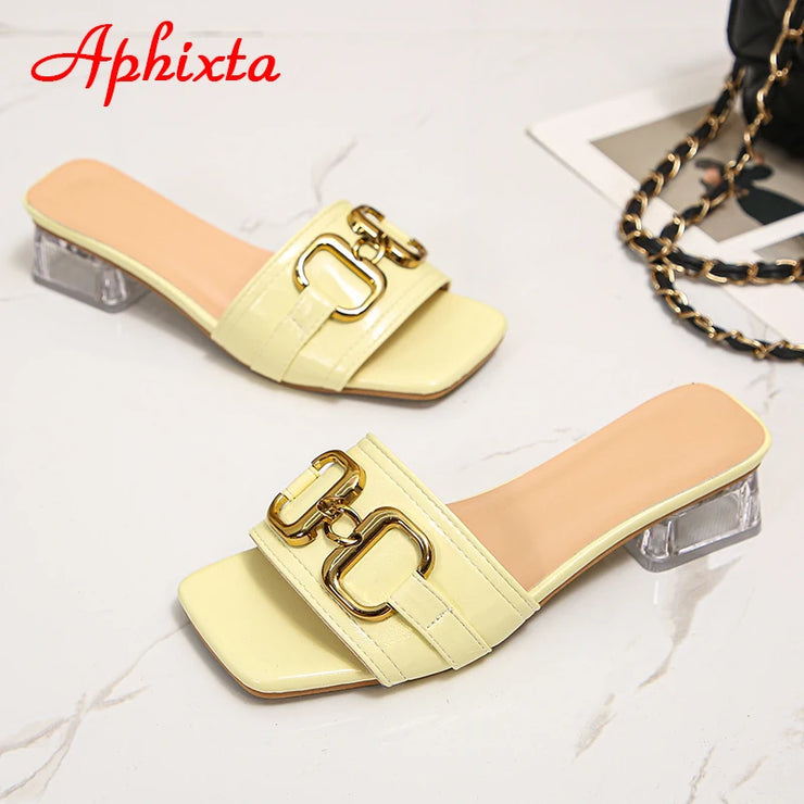 Transparent Square Heels Women Peep Toe Mules - Summer Slip-on Silver/Vibrantly Heel Sandals- Bronze with Peep- Toe Metal-Make a Grand Scene & Stand Our Class Apart Footwear: Size Range 35-45 .