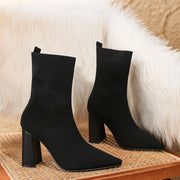 Women's Pointed Toe Ankle Boots Autumn Winter Fashion Thick Heel High Heels Versatile Elastic Slip-On Chunky Rubber Sole Booties
