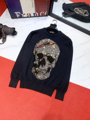 New Design Men's Sweater Hot Diamond Pattern Shiny Skull Sports Fitness Warm Top Plus Size