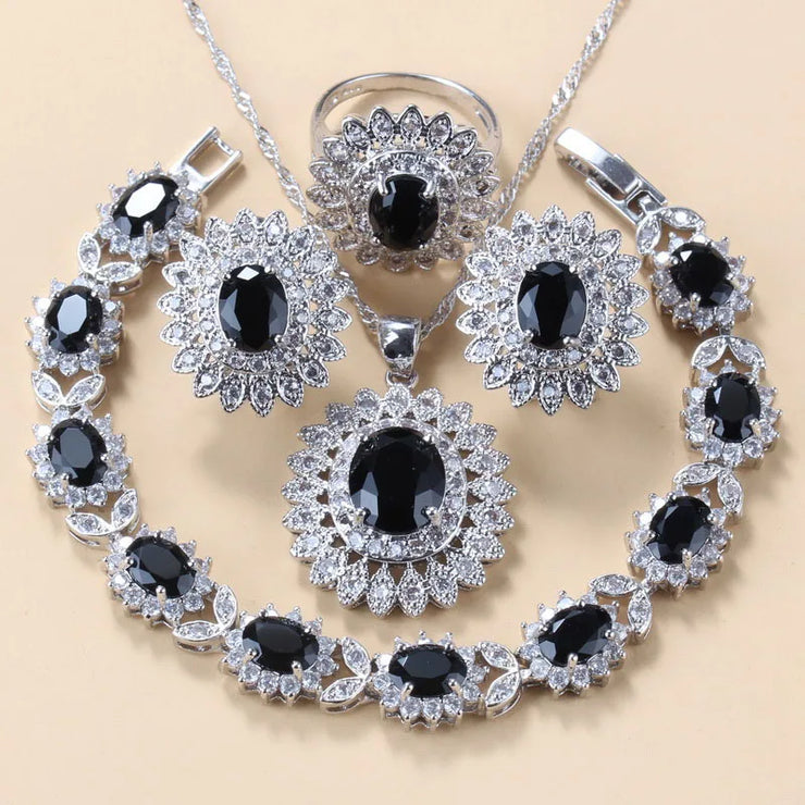 Women Zircon Sunflower 925 Silver Clip Earrings Necklace Bracelet And Ring Sets