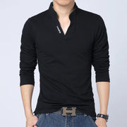 Eye-Catching Slim Fit Mens Tee Shirts in Solid Cotton for Spring Mandarin Collar Long Sleeve 5XL Size