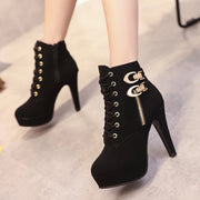 Women  Ankle Platform High Heels  Lace Up  Buckle Short Boot