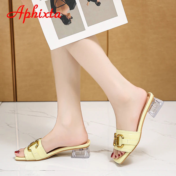 Transparent Square Heels Women Peep Toe Mules - Summer Slip-on Silver/Vibrantly Heel Sandals- Bronze with Peep- Toe Metal-Make a Grand Scene & Stand Our Class Apart Footwear: Size Range 35-45 .