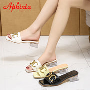 Transparent Square Heels Women Peep Toe Mules - Summer Slip-on Silver/Vibrantly Heel Sandals- Bronze with Peep- Toe Metal-Make a Grand Scene & Stand Our Class Apart Footwear: Size Range 35-45 .