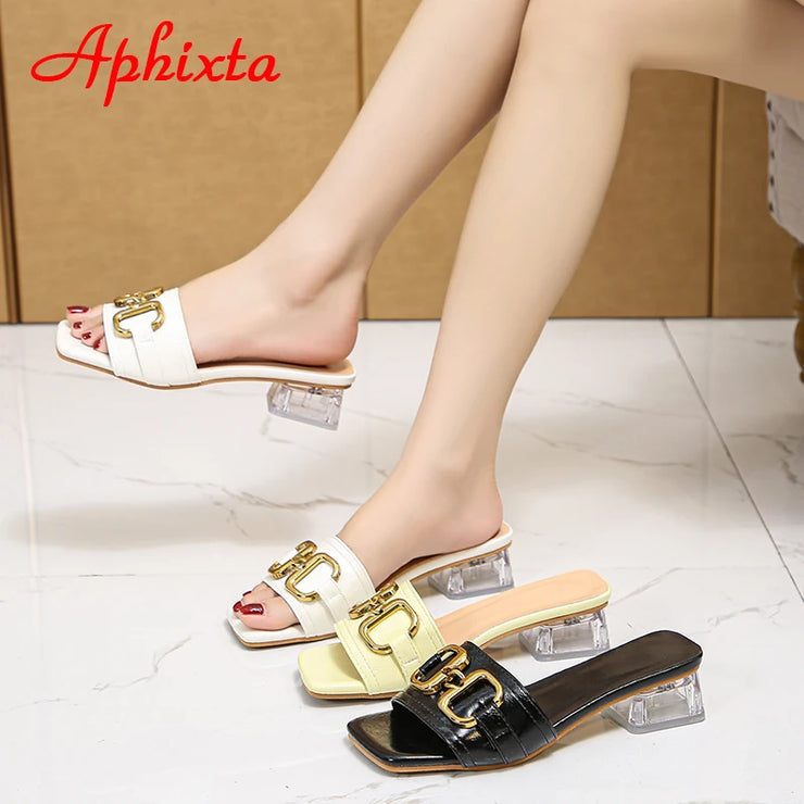 Transparent Square Heels Women Peep Toe Mules - Summer Slip-on Silver/Vibrantly Heel Sandals- Bronze with Peep- Toe Metal-Make a Grand Scene & Stand Our Class Apart Footwear: Size Range 35-45 .