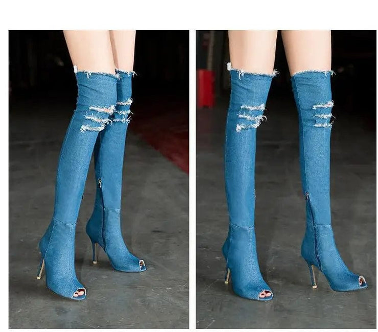 Women Thigh  High Heels sTassel Jean Boot