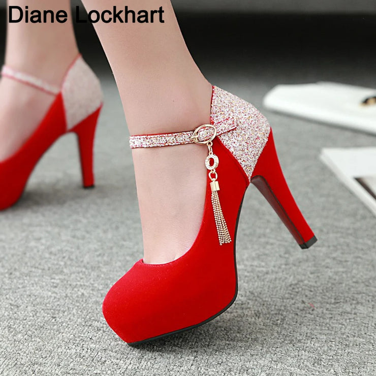 Women Bling Tassel High Heels Velvet  Platform Bottom Pumps  Dress