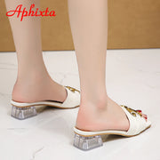 Transparent Square Heels Women Peep Toe Mules - Summer Slip-on Silver/Vibrantly Heel Sandals- Bronze with Peep- Toe Metal-Make a Grand Scene & Stand Our Class Apart Footwear: Size Range 35-45 .