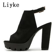 Women Chunky Platform Flock Thick High Heels Open Toe Ankle Buckle Strap Shoes Casual