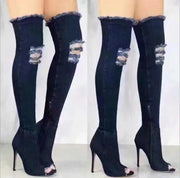 Women Thigh  High Heels sTassel Jean Boot