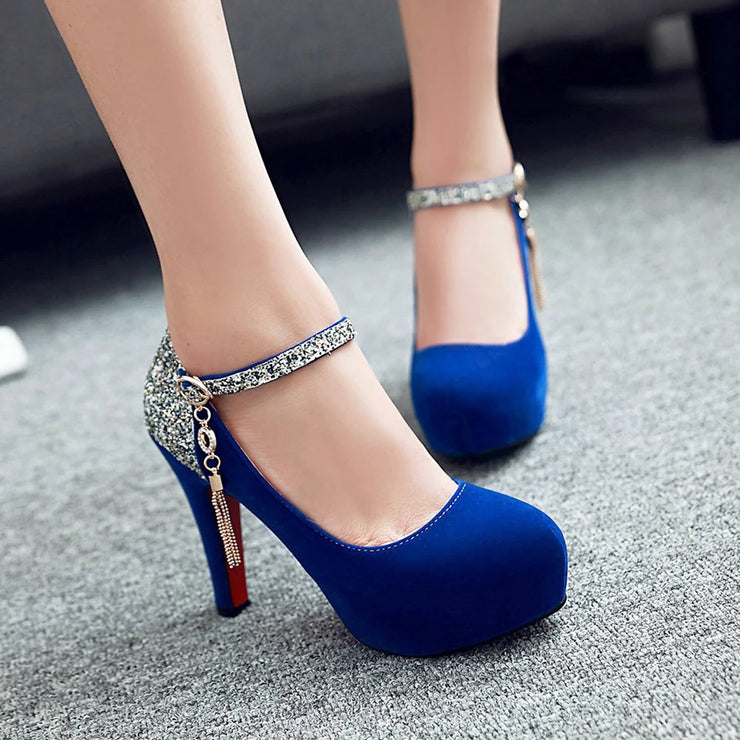 Women Bling Tassel High Heels Velvet  Platform Bottom Pumps  Dress