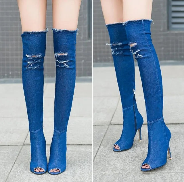 Women Thigh  High Heels sTassel Jean Boot