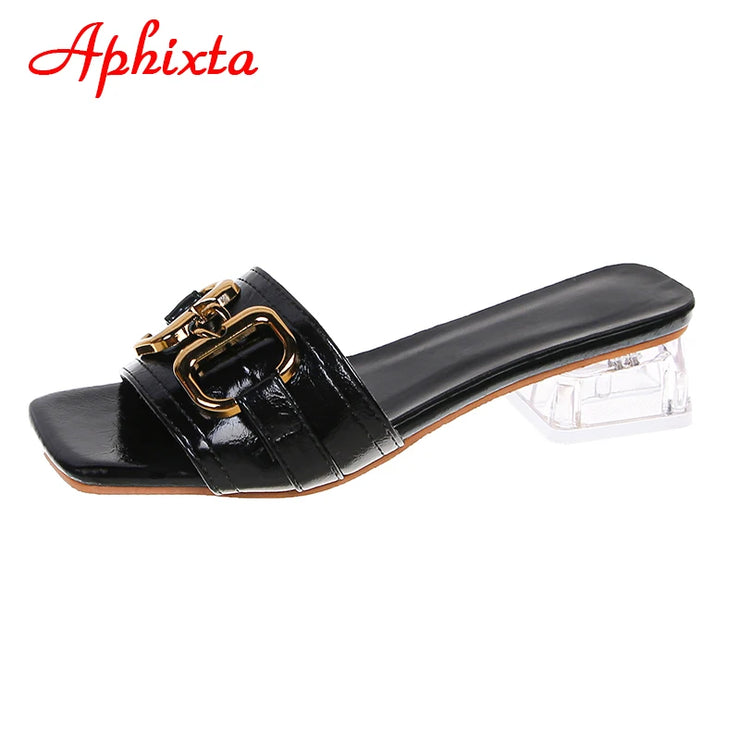 Transparent Square Heels Women Peep Toe Mules - Summer Slip-on Silver/Vibrantly Heel Sandals- Bronze with Peep- Toe Metal-Make a Grand Scene & Stand Our Class Apart Footwear: Size Range 35-45 .