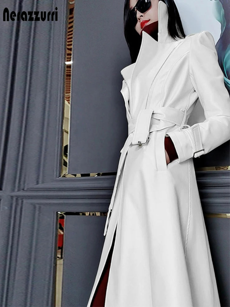 Women  White Long Leather  Long Sleeve Elegant Luxury Trench Coat