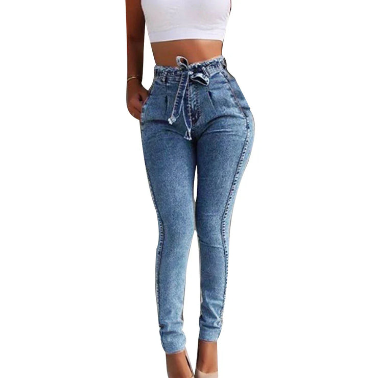 High waist skinny jeans for women, belted stretch denim, casual fashion.