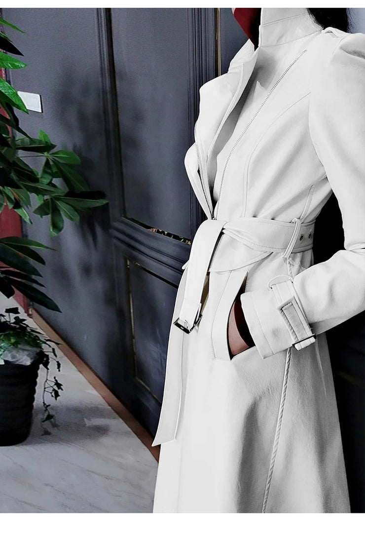 Women  White Long Leather  Long Sleeve Elegant Luxury Trench Coat