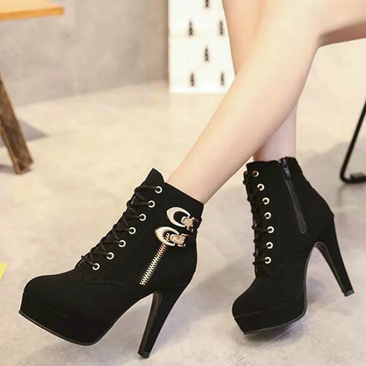 Women  Ankle Platform High Heels  Lace Up  Buckle Short Boot