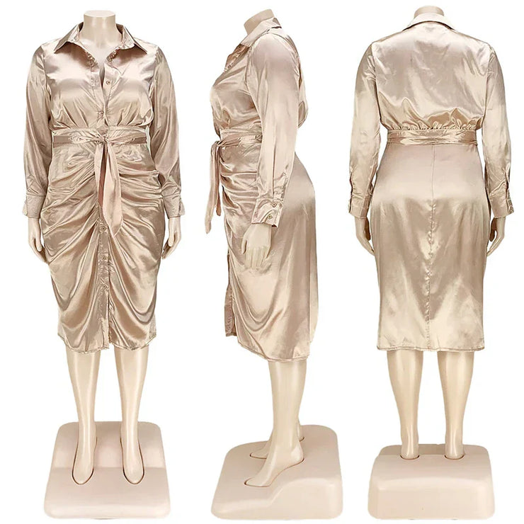 plus size satin shirt dress with lace-up sleeves in midi length