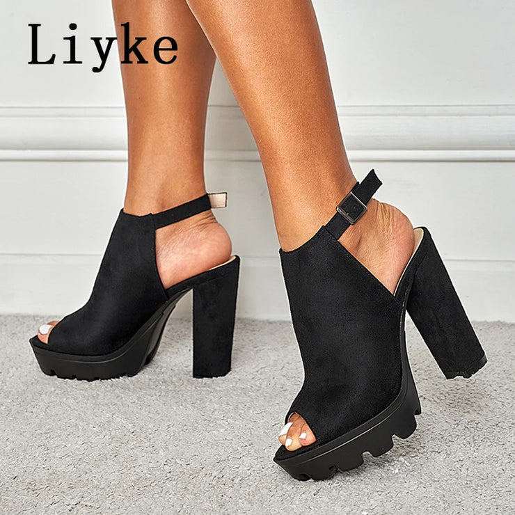 Women Chunky Platform Flock Thick High Heels Open Toe Ankle Buckle Strap Shoes Casual