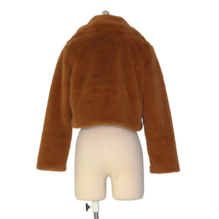 Women Faux Fur Coats Long Sleeve Furry Cropped Jacket Open Stitch