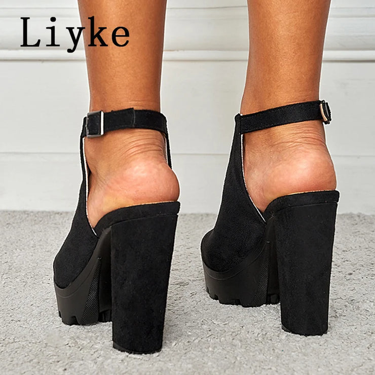 Women Chunky Platform Flock Thick High Heels Open Toe Ankle Buckle Strap Shoes Casual