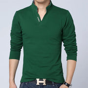 Eye-Catching Slim Fit Mens Tee Shirts in Solid Cotton for Spring Mandarin Collar Long Sleeve 5XL Size