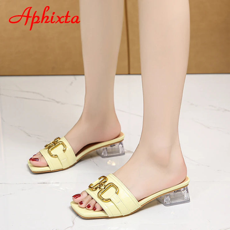 Transparent Square Heels Women Peep Toe Mules - Summer Slip-on Silver/Vibrantly Heel Sandals- Bronze with Peep- Toe Metal-Make a Grand Scene & Stand Our Class Apart Footwear: Size Range 35-45 .