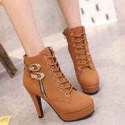 Women  Ankle Platform High Heels  Lace Up  Buckle Short Boot