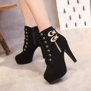 Women  Ankle Platform High Heels  Lace Up  Buckle Short Boot