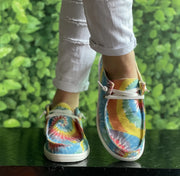 Women's Slip-On Flat Canvas Boat Shoes Blue Pink Tie Dye Breathable Lightweight round Toe Loafers for Outdoor Activities