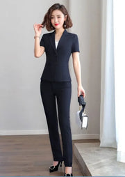 Women's Slim Fit Business Suit Short Sleeve Blazer And Trousers Set Office Work Wear Formal Temperament Ladies Summer Suit