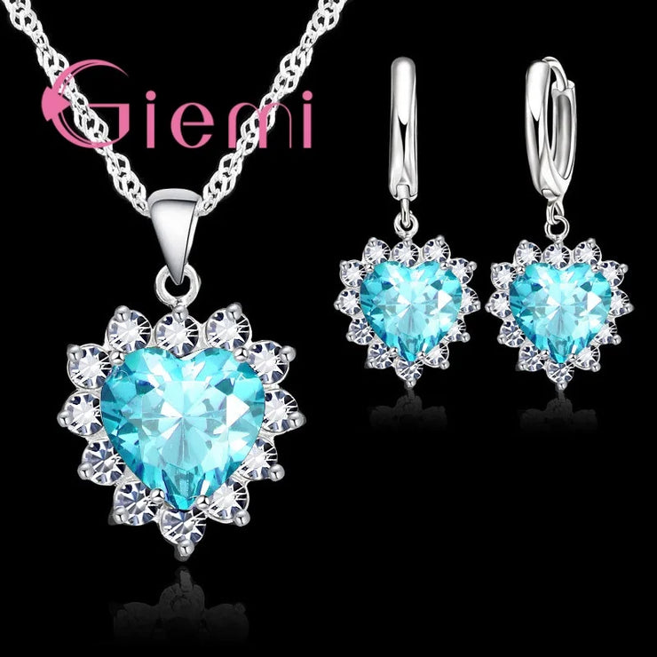 True Love 925 Sterling Silver Jewelry Sets For Women Cubic Zirconia Pendant Necklace Earrings Set Valentine&