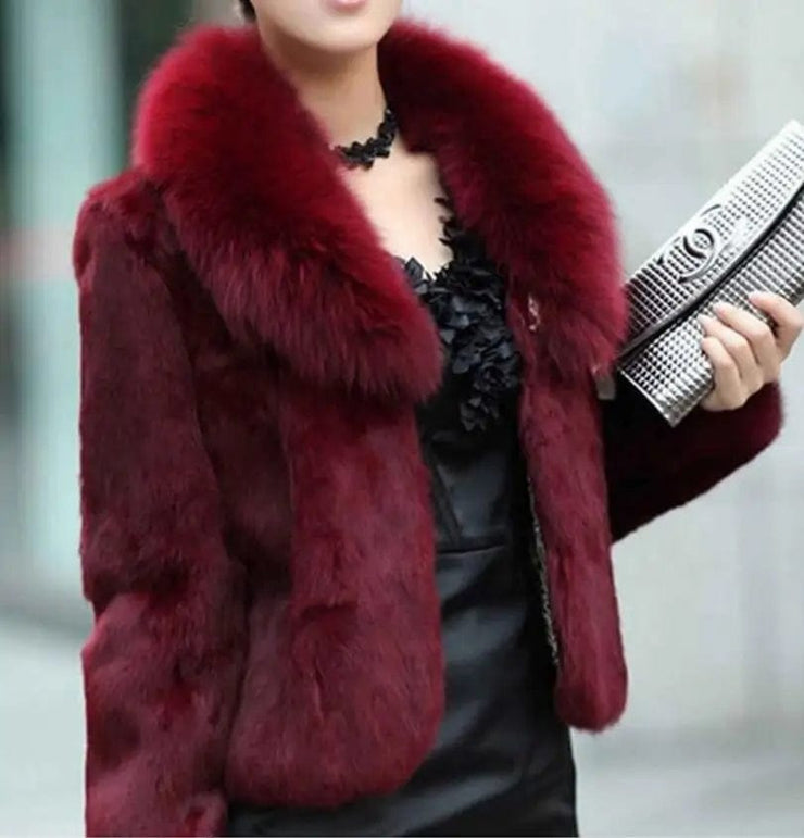 Women Tops Fashion Slim Soft Fox Fur Collar Rabbit Fur Coat Jacket