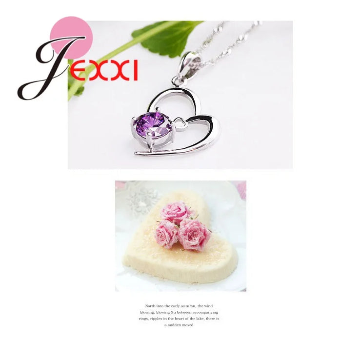 Sterling Silver Jewelry Sets Romantic Lovely CZ Crystal Necklace Pendant Earrings for Women